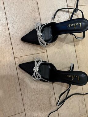 Lulu's Black Satin Pointed Toe Slingback Heels with Crystal Bow